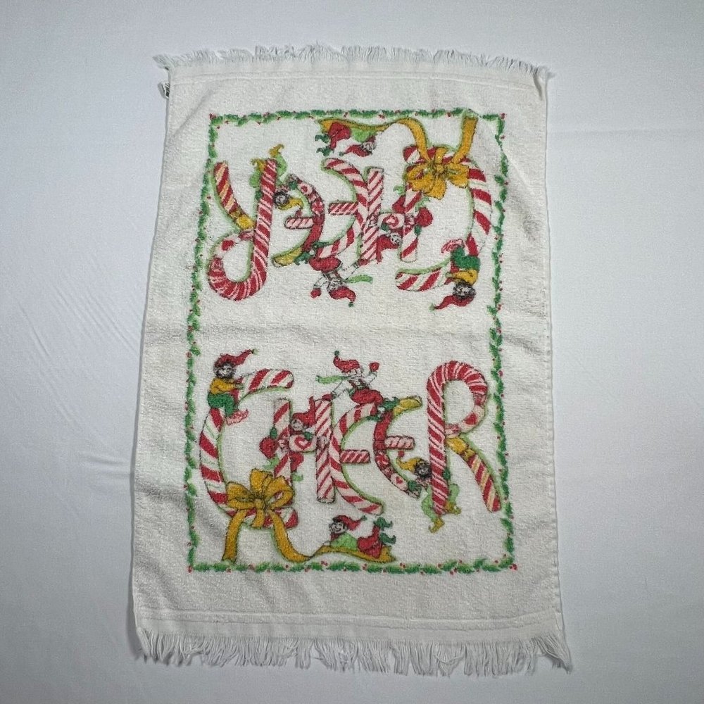 Cannon Christmas Towel 15 x 24 Candy Cane Cheer Elves‎ and Holly Vintage